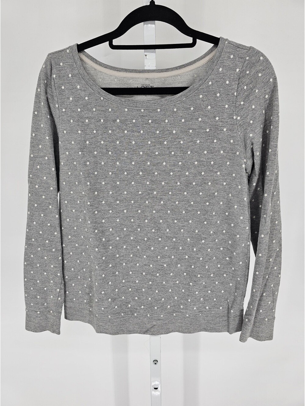Ann Taylor Loft Womens Sz S Long Sleeve Knit Top Gray White Polka Dot